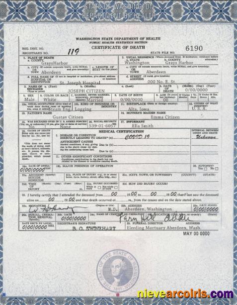 USA Washington state death certificate